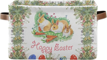 Large Storage Basket Happy Easter Bunny Rabbit Egg Floral Foldable Storage Box Organizer Bins with Handles for Bedroom Home Office
