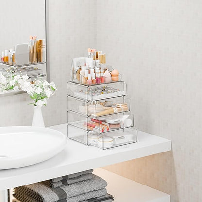 Yieach Clear Acrylic Makeup Organizers Countertop for Dresser,Desk,Bathroom Vanity,5Tier Stackable Make up Holders and Makeup Cabinet,Tiered Cosmetic Storage and Make up Containers for Palette,Brush