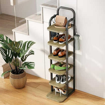 6 Tier Vertical Shoe Rack, Adjustable Shelves, Tall Wooden Narrow Shoe Rack with Hooks for Small Space Entryway Living Room