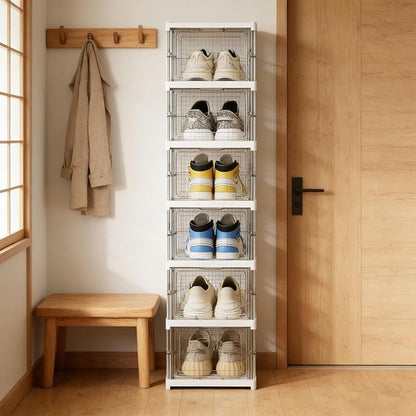TARSHYRY Foldable Shoe Organizer, Stackable Shoe Rack with Transparent Door, Space Saving Bin Holder for Sneaker Container, Organizer for Boots, Heels, Sandals (6 Layers 10.04x13.58x41.34in)