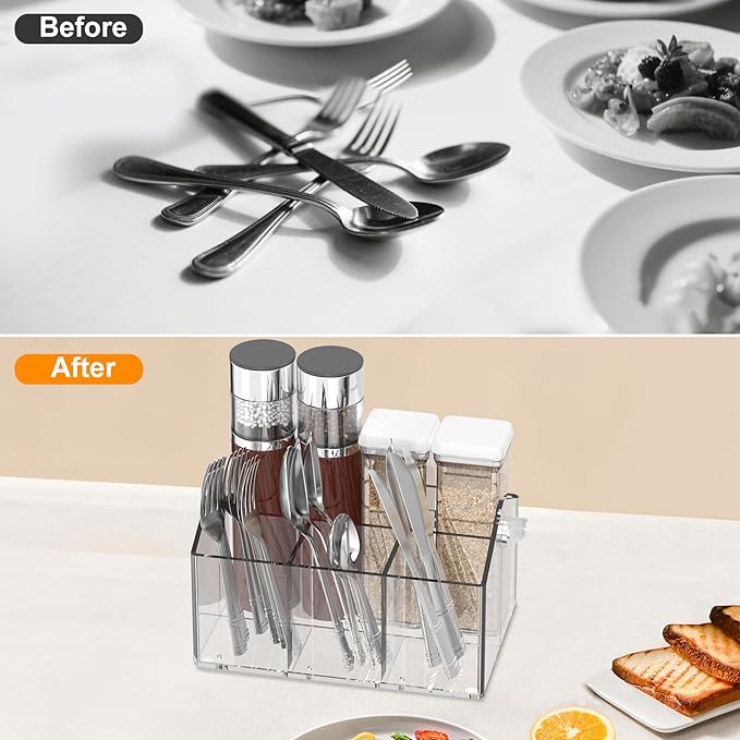Acrylic Utensil Caddy.Silverware Organizer & Utensil Holder-Heavy-Duty Countertop Cutlery Caddy for Spoons, Forks, Knives, Napkins, Plates | Space-Saving Table, Buffet, Picnic Party Essential
