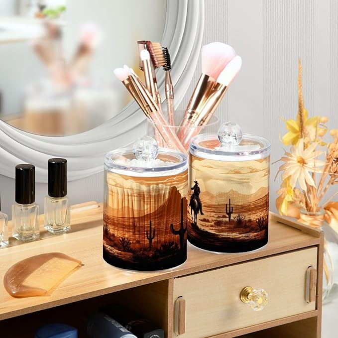 2 Pack Apothecary Jars Bathroom Vintage Western Cowboy Qtip Holder Dispenser Clear Plastic Storage Canister Jar with Lid for Cotton Ball, Cotton Swab