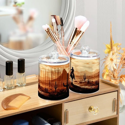 2 Pack Apothecary Jars Bathroom Vintage Western Cowboy Qtip Holder Dispenser Clear Plastic Storage Canister Jar with Lid for Cotton Ball, Cotton Swab