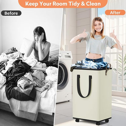 SpaceTrove Laundry Basket with Wheels, Collapsible Laundry Baskets, Laundry Hamper with Handles Detachable Wheels, Rolling Laundry Basket, Dirty Clothes Hamper for Bathroom, Dorm, Bedroom, Cream, 80L
