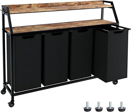 Timberer Laundry Hamper, Laundry Sorter with 4 Section, Rolling Basket with Wheels, 2 Shelves, 4 14.5 Gal, Pull-Out and Removable Oxford Fabric Bags for Laundry Room, Black and Rustic Brown