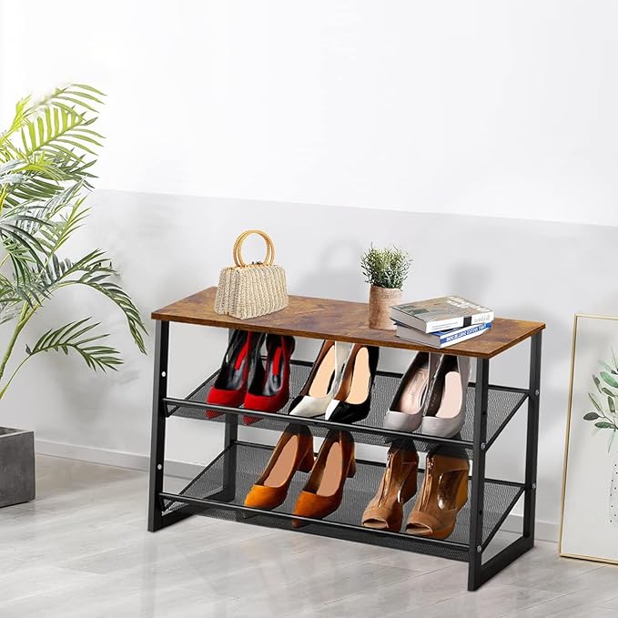 Garden 4 you Shoe Rack for Entryway 3 Tiers 11.8" D x 25" W x 20" H, Metal Shoe Rocks with Brown Wooden Tabletop, Angled Shoes Rack with Adjustable Mesh Shelves for Entryway Hallway Closet