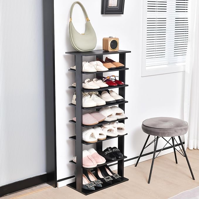GOFLAME 7-Tier Tall Shoe Rack, Patented Freestanding Shoe Shelf Storage Organizer for 14 Pairs of Shoes, Space-Saving Vertical Shoe Stand for Entryway, Closet, Living Room, Black