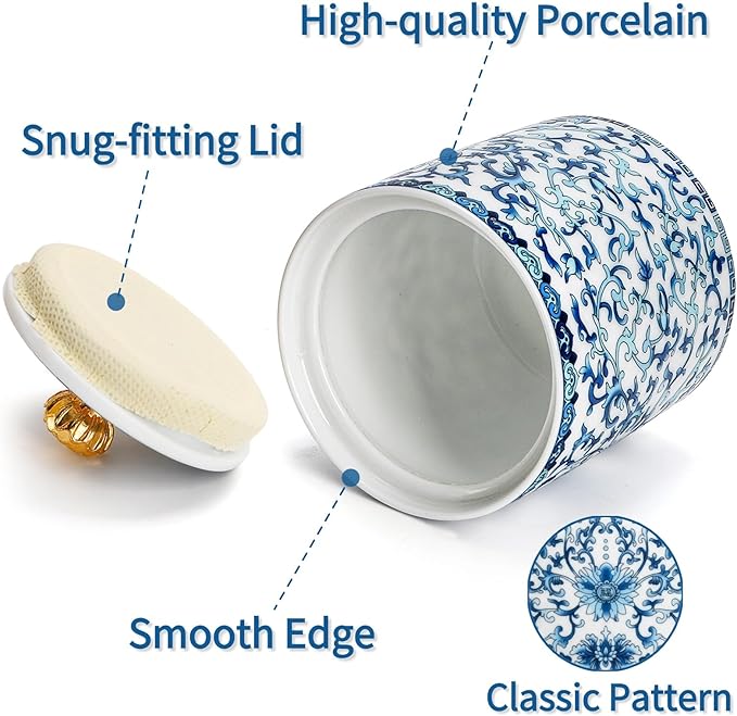 2 Pack Blue and White Porcelain Salt Cellar with Lid, Vintage Ceramic Salt Containers for Countertop, Small Airtight Salt Storage Box, Seasoning Holder, Spice Jars for Sugar, Candy, Herbs