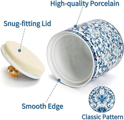 2 Pack Blue and White Porcelain Salt Cellar with Lid, Vintage Ceramic Salt Containers for Countertop, Small Airtight Salt Storage Box, Seasoning Holder, Spice Jars for Sugar, Candy, Herbs