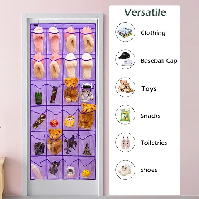 Modern Over the Door Shoe Rack Organizer with 24 Clear PVC Pockets, Purple