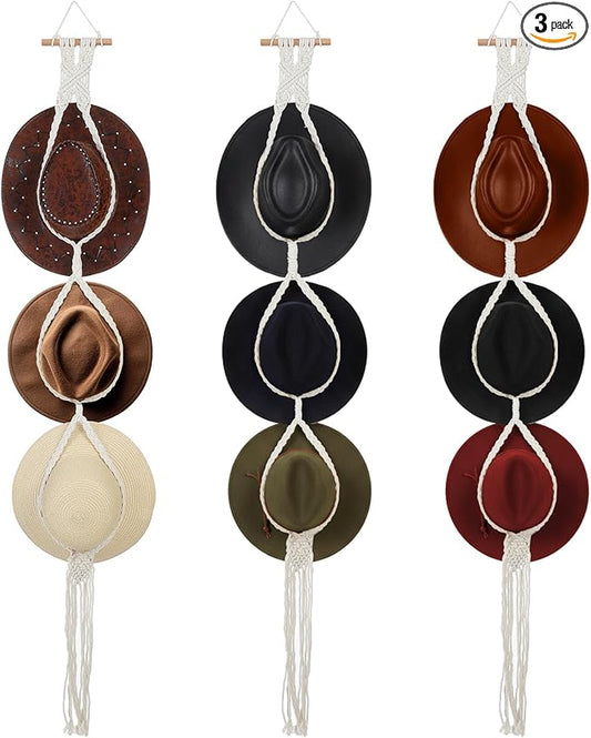 3 PCS Macrame Hat Hangers for Wall, Bohemian Hand Weaving Boho Hat Rack Organizer for Cowboy, Wide Brim, Bowler & Fedora Hats, Decorative Western Door & Wall Hanging Display (3 Hats Style)