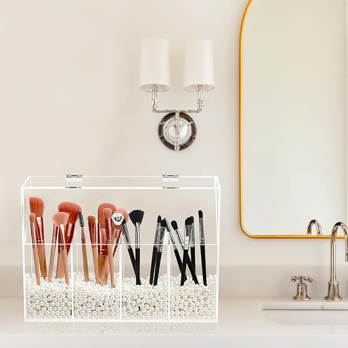 Vevitts Acrylic Makeup Organizer, Clear Cosmetic Brush Storage Box With 4 Brush Holders (Pearl not included),Makeup Brush Holder with Dust Cover, Large-capacity Split Design Organize the Desktop