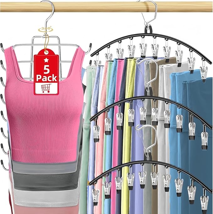 5 Pack Legging Organizer for Closet Hanging, 3 Pants Leggings Hangers with 30 Clips, 1 Tank Top Hanger, 1 Metal Magic Space Saving Hangers Closet Organizers and Storage for Pants Skirts Bra