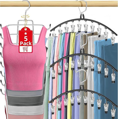5 Pack Legging Organizer for Closet Hanging, 3 Pants Leggings Hangers with 30 Clips, 1 Tank Top Hanger, 1 Metal Magic Space Saving Hangers Closet Organizers and Storage for Pants Skirts Bra
