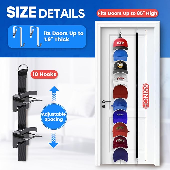 Hat Organizer for Baseball Caps, Over the Door Hat Rack with 10 Display Hooks and Hanger, 2-Way Hanging Hat Storage and Hat Holder for Bedroom, Entryway or Garage Doors – 1 Pack