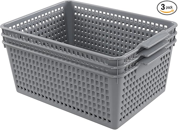 3 Packs Large Organizer Baskets Bins, Plastic Storage Basket (Grey)
