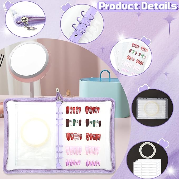 Press On Nail Storage Organizer with 4 Insert Pages - A5 Size Portable False Nail Storage Box for Collecting and Organizing Tips with Tape and Zipper Pocket (Purple)