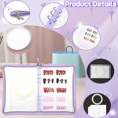 Press On Nail Storage Organizer with 4 Insert Pages - A5 Size Portable False Nail Storage Box for Collecting and Organizing Tips with Tape and Zipper Pocket (Purple)