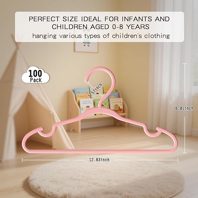 100 Pack Baby Plastic Hangers,12.83" Ultra-Thin,Non-Slip Hangers for Children. Ideal for Closets and Nurseries.Designed for Newborns and Children's Clothing,Including Trousers,Coat,Dresses.(Pink)