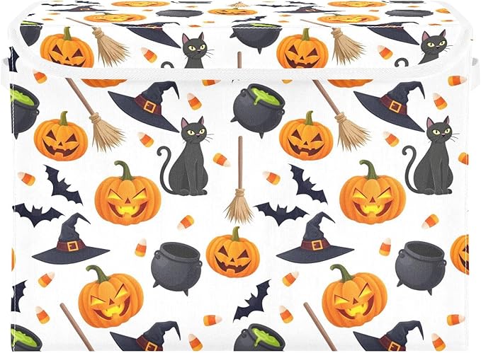 senya Halloween Storage Baskets Collapsible Storage Bins with Lids, Halloween Pumpkin Black Cat Ghost Bat Pattern Storage Boxes Clothes Baskets for Organizing