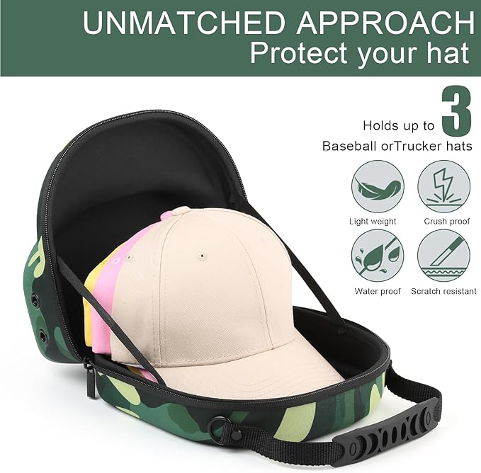 GERMUN Hard baseball hat case, Hat Carrier Travel Case with Adjustable Shoulder Strap, Hat cap case for 3 Baseball Caps - Perfect for Traveling & At-Home Storage (Camo Green)