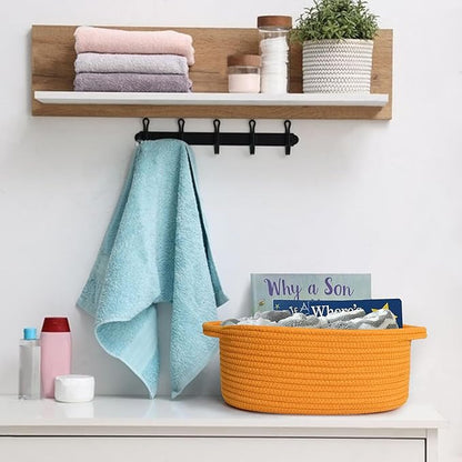 MEGASKET Orange Woven Basket, 13" x 9" x 5" Baskets for Gifts Empty, Cute Cotton Rope Cat Dog Toy Bin Box, Small Woven Bin for Shelves, Orange Room Decor, Nursery Baby Cloth Diaper Storage Organizer