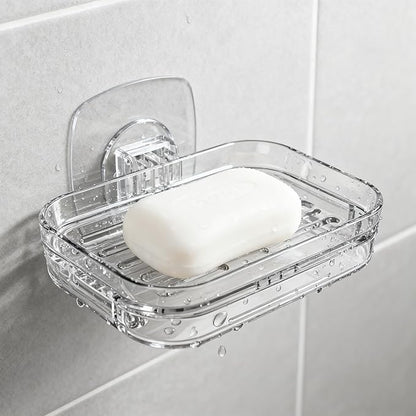 Soap Dish for Shower Wall Mounted, Soap Bar Holder Self Draining, Strong Adhesive Mount Soap Saver Sponge Holder for Bathroom Bathtub Kitchen Sink, Clear