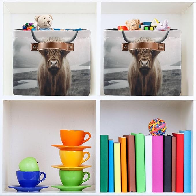 YETTASBIN Highland Cow Storage Basket 2pc, Large Collapsible Toys Clothes Organizer, Durable Canvas Storage Bin with Handle for Shelves Closet Laundry Home Office Decor