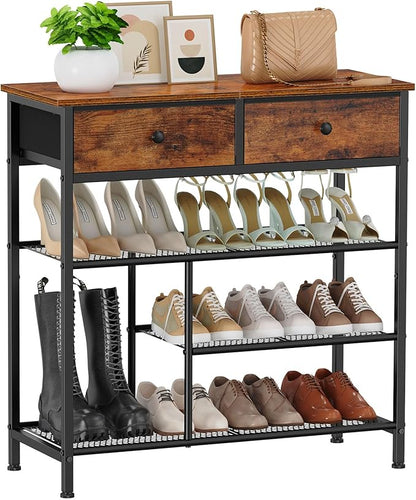 Snughome Shoe Rack for Entryway, 4 Tier Shoe Organizer with 2 Non-Woven Drawers, Shoe Storage Shelves with Sturdy Wooden Top and Metal Shelves, Shoe Stand for Closet