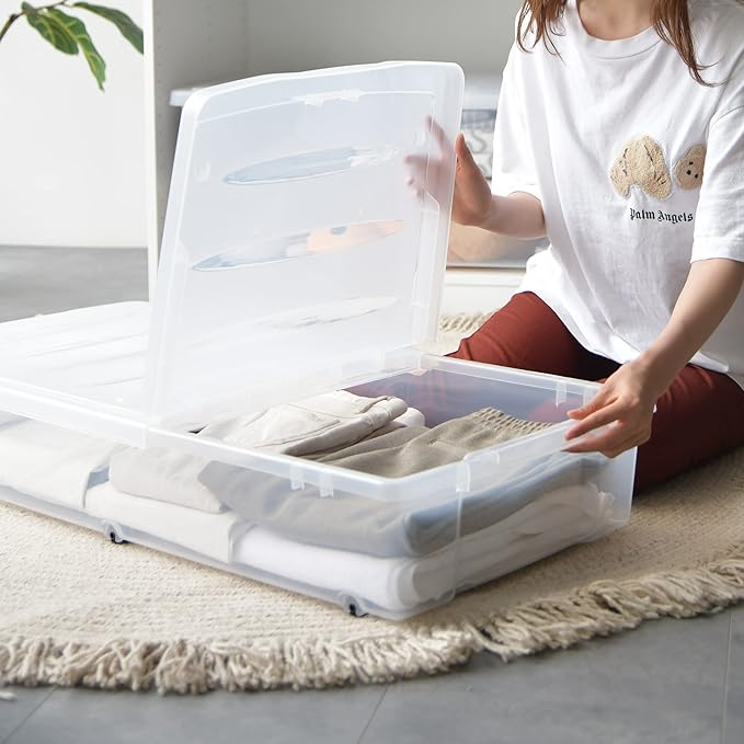 Citylife 57 QT Plastic Under Bed Storage Bins with Double-opening Lids Clear Underbed Storage Containers with Wheels for Organizing Shoes, Blankets, Clothes