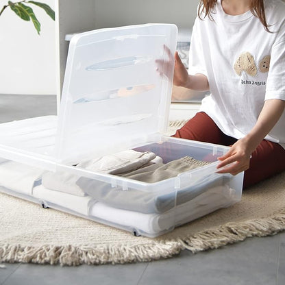 Citylife 57 QT Plastic Under Bed Storage Bins with Double-opening Lids Clear Underbed Storage Containers with Wheels for Organizing Shoes, Blankets, Clothes