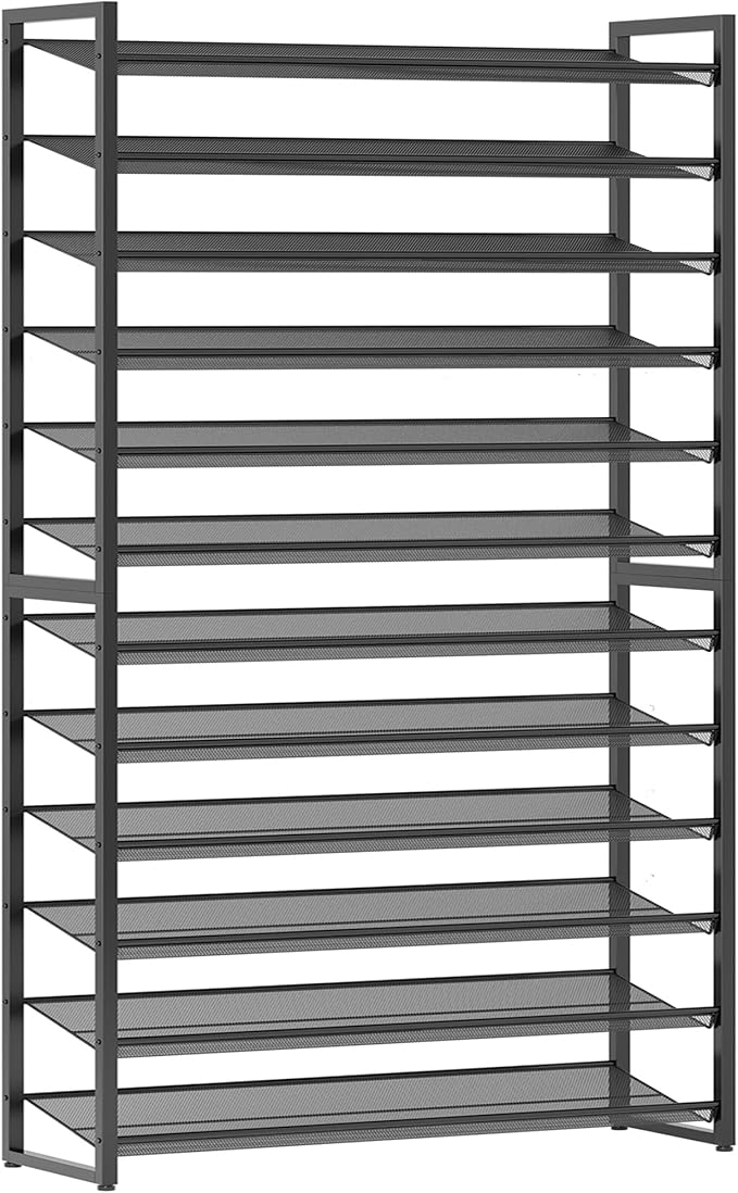 Nunsino Shoe Rack,12 Tier Metal Shoe Organizer,Max Holds 60 Pairs,Heavy Duty Shoes Shelf for Garage, Entryway, Closet,Black