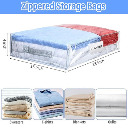 Kenning 20 Pcs Clear Zippered Storage Bags for Sheet Plastic Sweater Bag with Handle and Label Pocket Vinyl Stackable Closet Organizer Moving Bag for Bed Blanket Clothes Pillow(White,18 x 15 x 4 Inch)