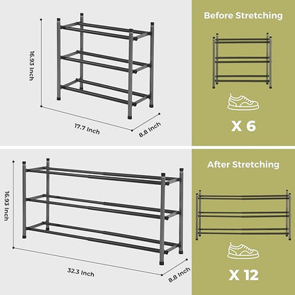 Shoe Rack, Expandable Shoe Storage Organizer for Closet, 3 Tier Metal Shoe Rack for Entryway, Adjustable Small Shoe Shelf for Front Door Entrance, Small Space, Garage