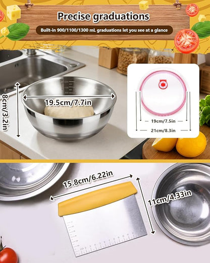 3 Pack Pizza Dough Proofing Container, 1300ML Stainless Steel Proofing Box with Clear Airtight Lid, Stackable Fermentation Storage for Dough Balls & Bread, Includes Cutter