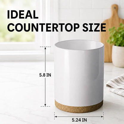 Ceramic Kitchen Utensil Holder for Countertop, Modern Crock with Non-Slip Cork Base, Counter Organizer for Cooking Tools , White