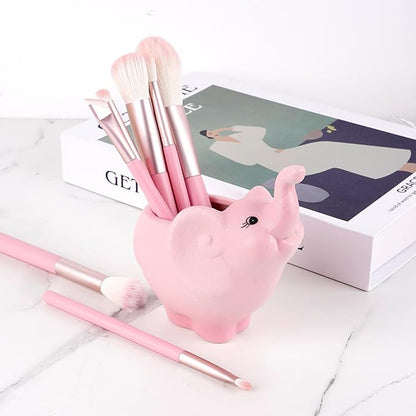 Pink Ceramic Elephant Makeup Brush Holder, Cute Makeup Brush Organizer, Decorative Cosmetic Storage Container for Desk, Vanity & Bathroom