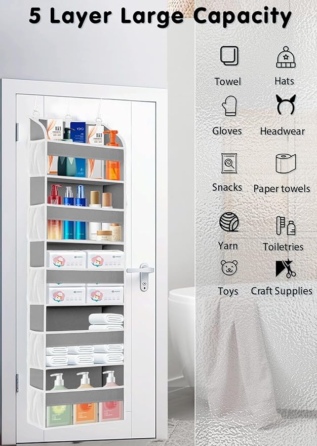 TAHAVICE 1 Pack Over The Door Storage Organizer with 5 Pockets 10 Mesh Side Pockets, 44 lbs Weight Capacity Door Hanging Organizers and Storage for Bedroom,Bathroom,Nursery,Pantry,Dorm(Light Gray)