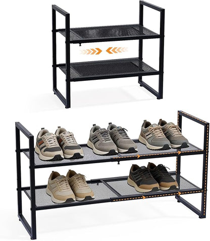 Expandable Shoe Rack,2 Tier Adjustable Metal Shoe Shelf for Closet,Sturdy Free Standing Shoe Storage for Door Entrance,Bedroom,Small Spaces,Black