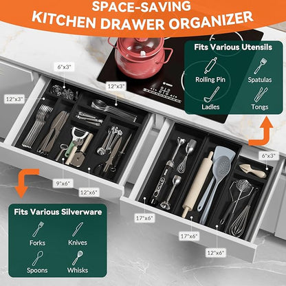 Lixple Bamboo Drawer Organizer, Small Silverware for Kitchen Drawer, Stackable Utensil Organizer, 2 Pcs Flatware Organizer, Wooden Storage Box Tray (Black, 6 X 3 X 2 Inch)