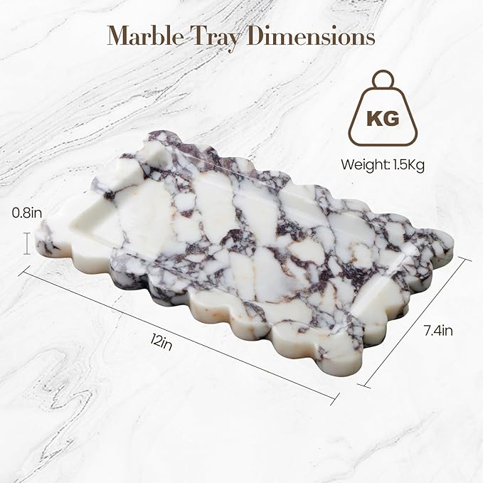 SAMAH Calacatta Viola Natural Marble Tray, Scalloped Bathroom Tray, Decorative Tray for Vanity, Dresser, Kitchen & Home Decor, Teacher Appreciation Gifts, House Warming Gifts New Home(Rectangle)