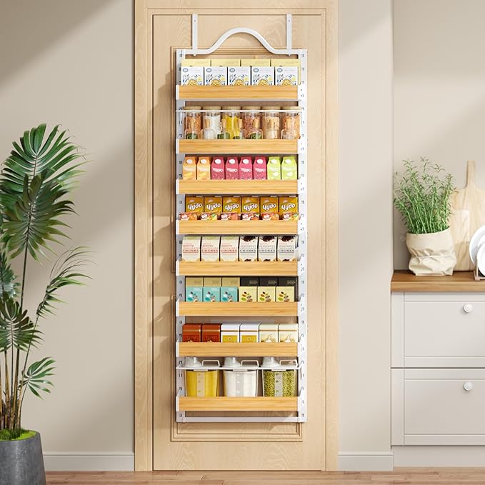 8-Tier Spice Rack Wall Mount, Heavy-Duty Over the Door Pantry Organizer with Wooden Adjustable Basket, 2 IN 1 Wall Mount or Hanging Pantry Door Organizer, Door Spice Rack for Home, White