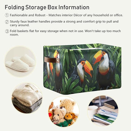 Large Storage Basket Toucans Couple Storage Bin Cube Canvas Fabric Organizer Handles Collapsible for Clothes Toys Bedroom Decorative