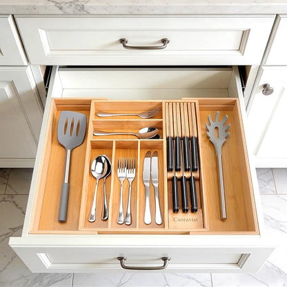 9-Piece Bamboo Kitchen Drawer Organizer Set, Expandable Silverware &Utensil Organizer with Removable Knife Block & Steak Knives, Flatware Organization, Tableware Dividers Storage(Natural)