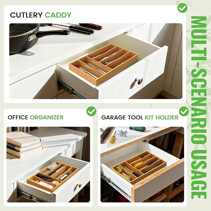 Bamboo Silverware Organizer, Bamboo Kitchen Drawer Cutlery Organizer, Utensil Holder, Flatware Organizer Tray (15.8"x9.5"x1.6")