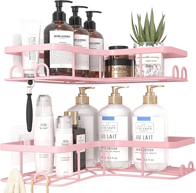 Sakugi Corner Shower Caddy - 2 Pack, Adhesive Shower Organizers, Rustproof Stainless Steel Shower Shelves with 8 Hooks, No Drilling Bathroom Organizers and Storage Racks, Space-Saving, Pink, Large