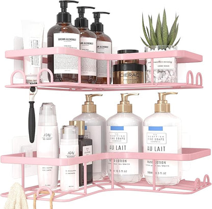 Sakugi Corner Shower Caddy - 2 Pack, Adhesive Shower Organizers, Rustproof Stainless Steel Shower Shelves with 8 Hooks, No Drilling Bathroom Organizers and Storage Racks, Space-Saving, Pink, Large