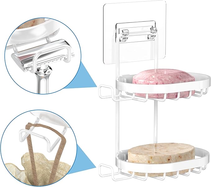 MASADI 2 Tier Soap Dish Holder, Soap Bar Holder with Hooks, Shampoo Bar Caddy for Shower Wall, Razor Holder for Shower, Bar Soap Container 304 Stainless Steel, Bathroom(White)