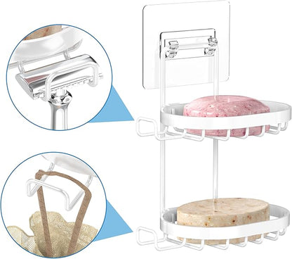 MASADI 2 Tier Soap Dish Holder, Soap Bar Holder with Hooks, Shampoo Bar Caddy for Shower Wall, Razor Holder for Shower, Bar Soap Container 304 Stainless Steel, Bathroom(White)