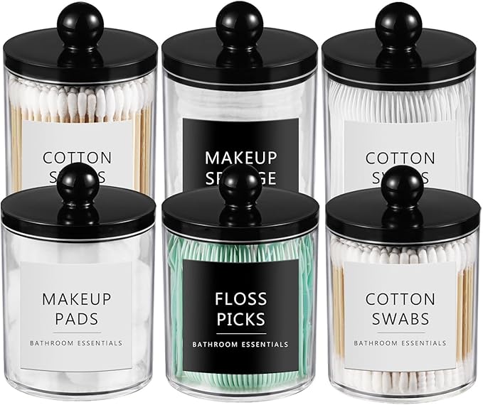 SheeChung 6 Pack Acrylic Qtip Holder Dispenser,Bathroom Jars with Lid Set for Cotton Swabs,Balls,Pads,Floss,Clear Plastic Canisters Apothecary Jar,Bathroom Essential Makeup Vanity Organizer(10oz-12oz)